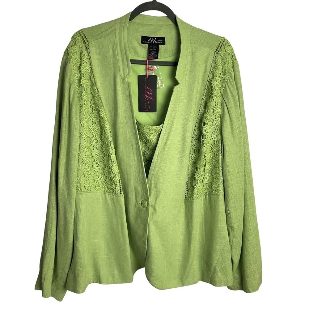 NWT Midnight Velvet Womens Blazer Jacket Size 24W Lime Green Linen Blend Lace